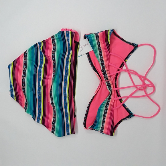 Gossip Girl Two Piece Bikini Swim Suit Blue Pink Aztex Stripe Size 16 Swimwear - Picture 5 of 14